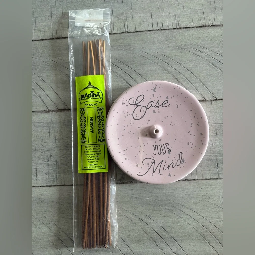 New Pink Ceramic Incense Stick Holder With New Pkg. Of Jasmine Incense Included